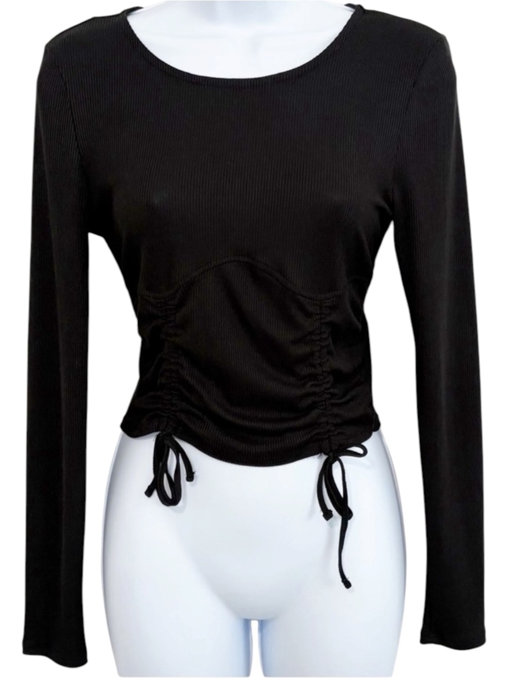 ALMOST FAMOUS Black Ribbed Ruched Crop Top Y2K Long Sleeve Stretch Medium